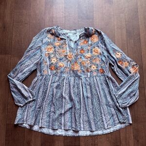 Savanna Jane Womens L  Blouse Tiunic Boho Micro Floral Embroidered Peplum Shirt